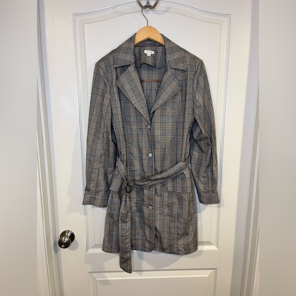 PILCRO Plaid Belted Women’s Trench Jacket - Gray/Taupe - Picture 2 of 8
